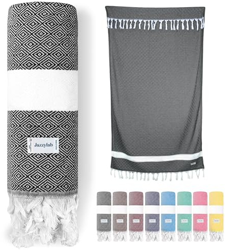 jazzylab ELMAS Peshtemal Hammam Towel | 100% Cotton with Classic Diamond Pattern | Lightweight, Quick-Dry & Compact | Turkish Spa & Travel Towel | Hand-Knotted Fringes | 90x180 cm - Black,