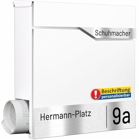 AL Briefkastensysteme Laser-Line 1er Briefkasten personalisiert mit Namen + Hausnummer - Postkasten Verkehrsweiss RAL 9016 modern mit Zeitungsfach Gravur & Absenkautomatik für Wand- & Zaunbriefkasten