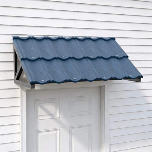 SANDALIM Color Stone Awning for Door Entrance 52 x 30 3/4, Heavy-Duty Steel Frame Fixed Awning, All-Weather Protection for Patio, Porch, Window and Balcony Use, Blue