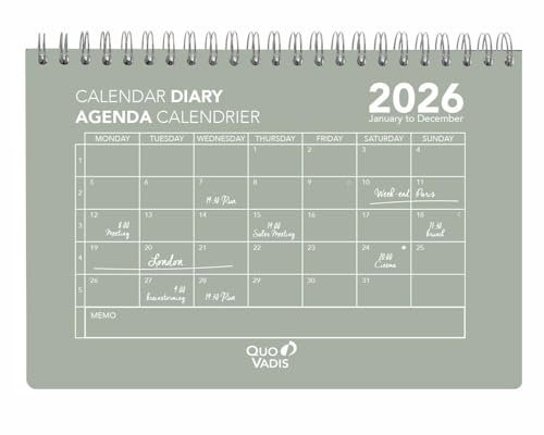 Quo Vadis - Agenda - Spiralé - 2026 - Calendar Diary 24 - Mensuel - Multilingue - Oslo Calendar - Vert - 12 mois de janvier à décembre - 16x24 cm