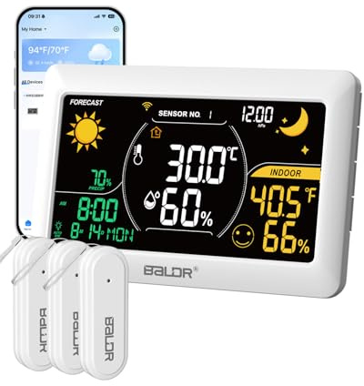 BALDR WLAN-Wetterstation mit App, 7,5-Zoll-Farbdisplay, 3 drahtlose Sensoren, kabellose Wetterstation für drinnen und draußen mit Echtzeit-Internetvorhersage