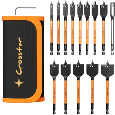 Crosstar 13-Piece Spade Drill Bit Set with 6 Extension, Black Oxide Coated, 1/4 to 1-1/2 Sizes, for Woodworking, DIY & Electrical Projects