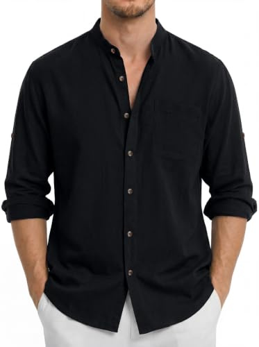 Enlision Camisa de Lino Manga Larga para Hombre Casual Cuello Mao Camisetas con Botónes Elegantes Playa Verde S-4XL