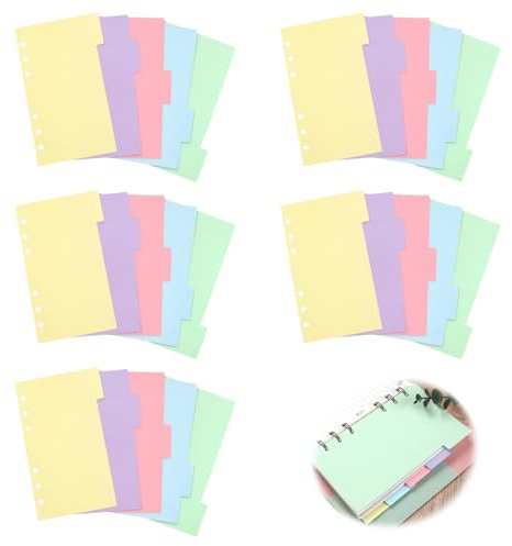 25 hojas/5 juegos de hojas separadoras A5, registro con 5 colores, hojas separadoras para carpetas con perforador de 6 agujeros DIN A5 para hojas de anillas, cartón etiquetable para la organización de
