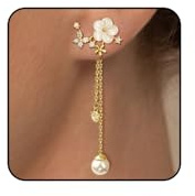 RIIRCSGE Boucle d'oreille Perle Fleurs Boucles d'oreilles Pendantes Strass Boucle d Oreille, Boucles d Oreilles Femme Piercing Plaqué Or 14K Chaîne à Fleur pour Valentin, Cadeau, Mariage, Anniversaire
