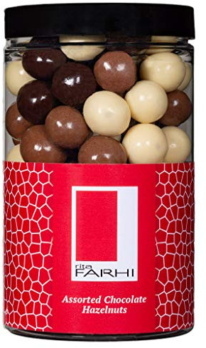 Rita Farhi Milk, Dark and White Chocolate Covered Hazelnuts in a Gift Jar - Chocolate Nut Gift - Chocolate Coated Nuts - 285 g - New Palm Oil Free Recipe