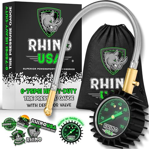 Rhino USA Heavy Duty Tire Pressure Gauge (0-75 PSI) - Certified ANSI B40.1 Accurate, Large 2 Easy Read Glow Dial, Premium Braided Hose, Solid Brass Hardware, Best for Any Car, Truck, Motorcycle, RV