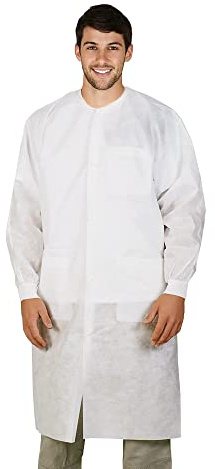 EZGOODZ White Disposable Lab Coats for Adults, Large. 10 Pack Medical PPE Coat. SPP 45 GSM Painting Lab Coat with Cuffs, Collar, Plastic Snaps, 3 Pockets. Splash-Proof Disposable Coats Medical