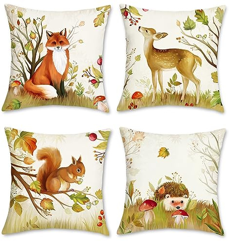 Bonhause Forest Animals Cushion Covers 45 x 45 cm Deer Fox Fall Decorative Throw Pillow Covers Soft Velvet Kids Pillows for Sofa Couch Outdoor Baby Nursery Set of 4, 18 x 18 Inch (BHP0127)