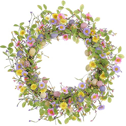 LLZLL Couronne de Pâques de 50,8 cm pour Porte d'entrée, Couronne d'œufs de Pâques artificiels avec Marguerites et Feuilles Vertes pour décoration Murale