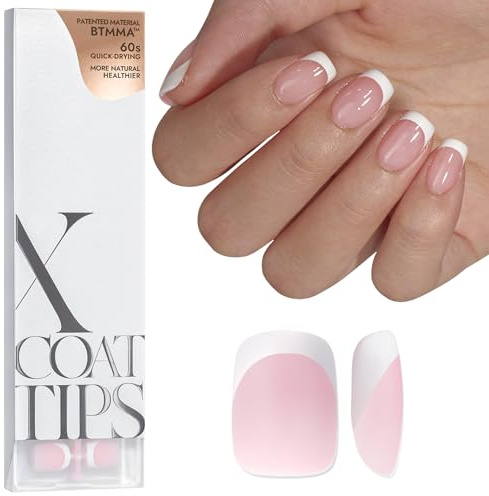 BTArtboxnails XCOATTIPS French Gel Nails - French Tip Press on Nails Pink Extra Short Square Shape Nail Tips, Fake Nails Extensions Nail Art DIY