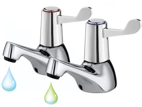 2pcs eTrademart Bathroom Basin Taps Pair, 1/2 BSP Chrome-Plated Brass Lever Sink Taps for Bathroom Basin & Kitchen, Separate Hot & Cold Tap Set with ¼ Turn Lever for Smooth Water Control