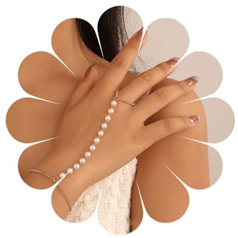 Ximdble Vintage pärla fingerring armband boho pärla chian slavarmband handkedja guldpärla handledskedja armband flytande pärla slav handkedja armband för kvinnor, Large, Zink, Ingen ädelsten