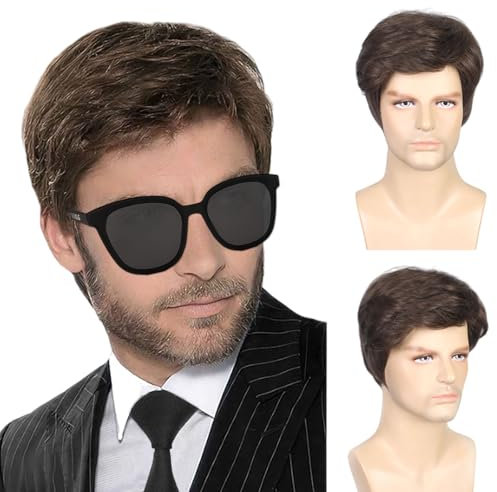 TSHAOUN Herren Braun geschichtete lockige flauschige kurze Perücke 70er 80er Jahre Disco Stil Alltag Kostüm Perücke