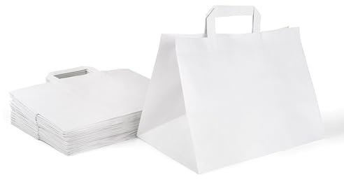 Inoverse 50 stk Papiertüten mit Henkel, Papiertragetaschen, 32+22x25 cm Geschenktüten, Weiß Kraftpapiertüte, Papiertaschen, Groß Einkaufstüten