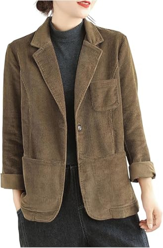 Veste décontractée à Manches Longues en Velours côtelé pour Femmes Veste Courte en Velours côtelé élégante pour Le Bureau et Les Affaires (Café,M)