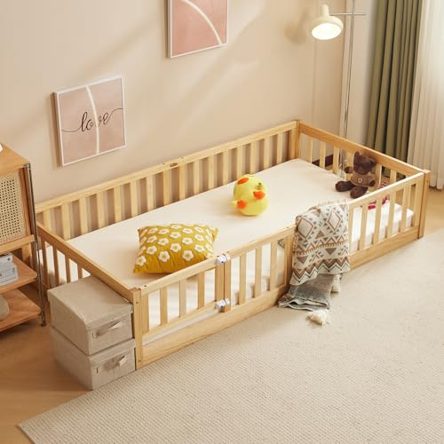 LALAHO 2in1 Bodenbett Montessori Kinderbett mit freiem Tor, 90×200 cm，mit Herausfallschutz & Lattenrost, Gitterbett Jugendbett Einzelbett – 2 Größen, 300 kg Tragfähigkeit, umbaubar（Natur）
