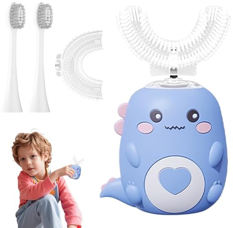 KQWVZ Spazzolino da denti a ultrasuoni a forma di U a 360°, spazzolino elettrico per bambini a forma di U con 4 testine, spazzolino elettrico a forma di U per bambini 2-12, silicone masticabile, 2