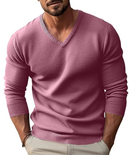 Jersey Hombre Cuello en V, Jersey Punto Hombre Color Liso Manga Larga, Jerseys Trabajo Suéteres Termica Slim Fit - Adecuado para Primavera, Otoño E Invierno Rosa Claro L