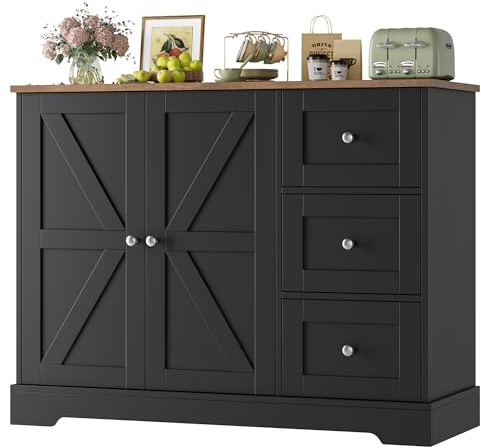 HOCSOK Aparador Cocina de Madera con 3 Cajones y 2 Puertas, Aparadores | Mueble Auxiliar de Cocina con Amplia Encimera, Tiradores metálicos, 40 x 100 x 94 cm, Ideal para Salón y Comedor, Negro
