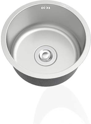 Lavello da cucina rotondo piccolo in acciaio inox, Ø 38 cm, vasca singola con troppopieno sottopiano e montaggio superiore, per camper, bar, ristorante, durevole lavello per roulotte color argento