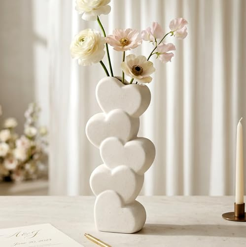White Ceramic Heart Vase, Creative Stacked Heart-Shaped Flower Bud Vase | Modern Minimalist Decorative Vase, Cute Aesthetic Table Centerpiece for Living Room, Wedding Decor, Ideal Valentine Gift