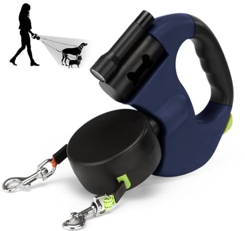 CRWEOM Hundkoppel dubbelt koppel för 2 hundar – infällbart rullkoppel med 360° rotationsfunktion, LED-belysning och reflekterande nylon | ergonomiskt handtag