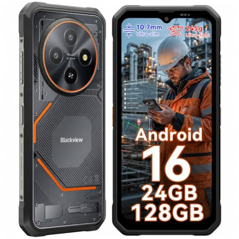 Blackview Movil Resistente Android 16 Ultrafino 245g/10.7mm, 24GB+128GB/TF 2TB, 6.56 90Hz, 16MP+13MP AI Cámara Móvil Rugerizado, 4G Móvil Irrompible IP69K, NFC/Fingerprint/Modo Guante/3 Años Garantía