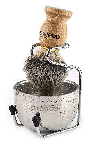 Anbbas - Juego de afeitado, brocha manual con mango de madera de Fraxinus Mandschurica y bol de afeitado de acero inoxidable y soporte para la cuchilla de afeitar de hombre.