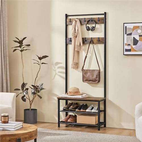 Yaheetech Coat Rack Stand, 185cm Height Coat Stand with Shoe Bench, Industrial Coat and Shoe Rack Storage for Hallway/Living Room, Rustic Brown