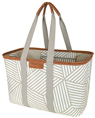CleverMade Snapbasket LUXE Collapsible Tote - Geometric Taupe 1 Pack 30L / 8 Gal - Reusable Grocery Collapsible Storage Shopping Organizer