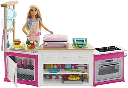 Barbie Kitchen Playset with Doll, Lights & Sounds, Food Molds, 5 Dough Colors and 20+ Accessories, GWY53