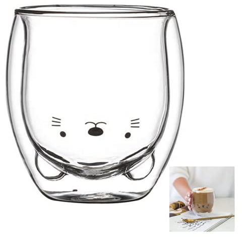Lily Anne Boutique Cute Glass Drinking Cups - Cat,Duck,Dog,or Bear Double Wall Glass Cup - Use as a Glass Coffee Cup,Tea Cup,Cocktail Cup,or Milk Cup - Large 12.6oz Cups (Cat)