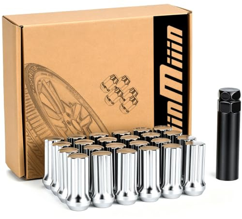 JiiinMiiin 24 st M14 x 2,0 flänsmuttrar krom med 7 spline tuner, 14 x 2 låsmutter 2 tum längd med 1 hylsnyckel, 60 graders konisk/konutbuktningssits stängd ände.