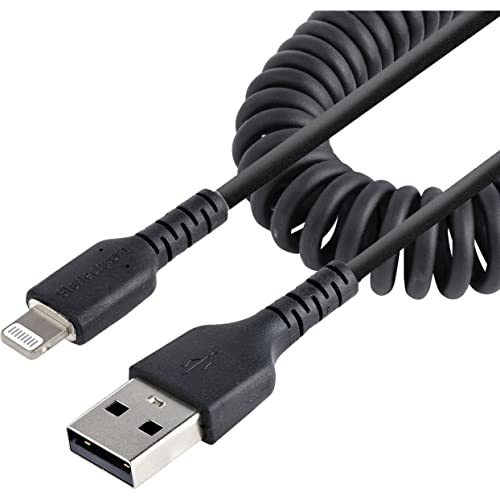 StarTech.com Cavo Lightning a USB-A da 50cm Certificato MFi, Cavetto iPhone Spiralato di Ricarica in Fibra Aramidica Resistente con Rivestimento TPE, Adattatore Lightening USB Nero (RUSB2ALT50CMBC)