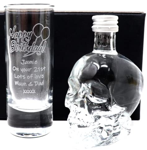 Personalised Engraved Tall Shot Glass & Miniature Alcohol Gift Set For Son's 18th Birthday & Daughter's 21st Birthday - Birthday Design (Crystal Head Vodka)