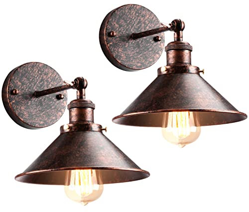 iDEGU 2 Pezzi Lampade da Parete Industriale Vintage Applique da Parete Retrò in Stile Edison in Metallo E27 Regolabile Plafoniere Applique Interno per Cucina Camera da Letto, 22cm (2x Ruggine)