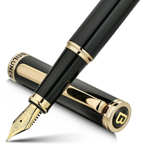 BEILUNER Estilográfica de Lujo, Lacado Piano con Detalles y Plumín Dorados 24K, Regalo Confiable con Convertidor para Él y Ella, Pluma Elegante - Negro y Oro, Plumín Fino