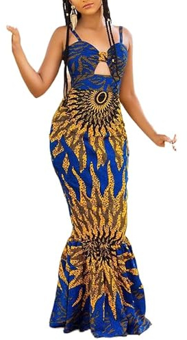 RICOCHO Abito da Donna Lungo con Stampa Etnica Africana Abito a Coda di Pesce Aderente con Cinturino per Spaghetti Ankara da Donna