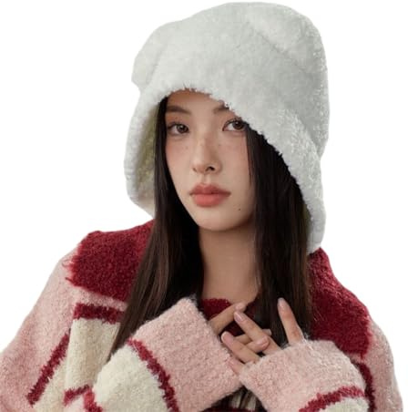 Crancious Gorro cálido con orejas de oso humano, gorro de felpa Y2K Adventure Time para mujer, cabeza y orejas completas., Blanco, Talla única