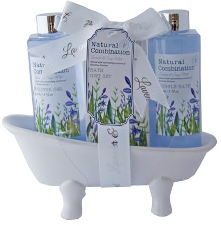 Accentra Badeset LAVENDEL in Keramikbadewanne, inkl. 140ml Duschgel, 140ml Schaumbad, 50g Badesalz, Duft: Lavendel & Salbei - lila/weiß