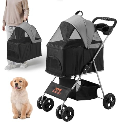 VEVOR Cochecito para Perros 4 Ruedas Giratorias 1 Freno Cochecito para Mascotas Carga de 16 kg Transportín de Perros Soporte Extraíble Cesta de Almacenamiento Portavasos para Perros, Negro Gris Oscuro