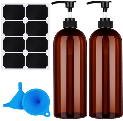 Partideal Pump Bottle Dispenser, 2 Pcs 1000ml/35.2oz Refillable Empty Plastic Amber Bottles with Funnel and Label for Lotions, Shampoo, Conditioner