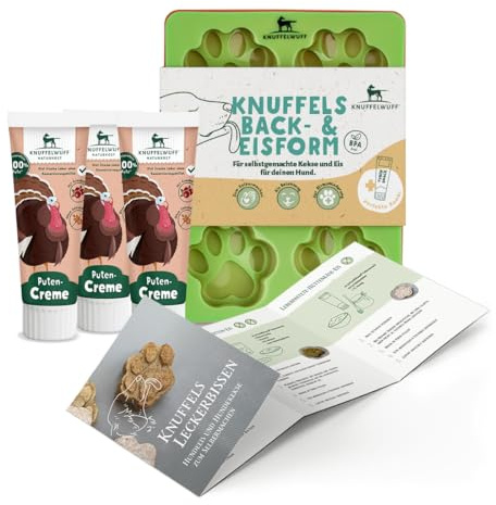 Knuffelwuff hundkex och hundglassset med 3 silikonformer, recept och tubensnack-kalkonkräm – värmebeständighet från -40 °C till 220 °C – perfekt för hundträning