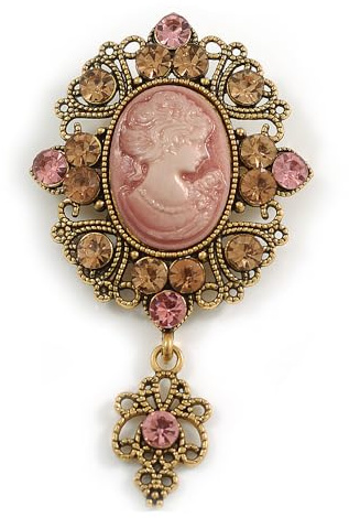Spilla vintage con cammeo in cristallo acrilico rosa in tonalità oro invecchiato, 70 mm di lunghezza, Misura unica, Plastica, Diamante
