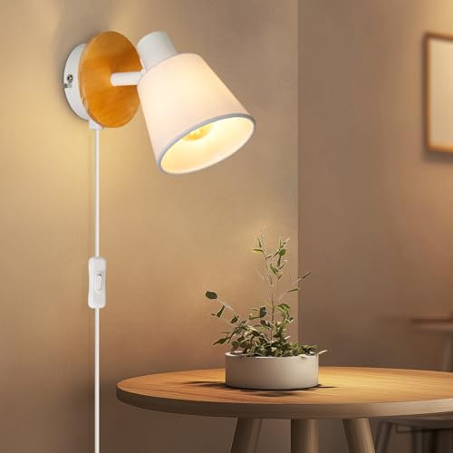 Ketom Adjustable Indoor Wall Lamp - E14 Retro Wall Lights - Plug in Light with Switch - Wooden Wall Spotlight - Wall Sconces for Bedroom Living - with Fabric Shaded - Bulb Not Included