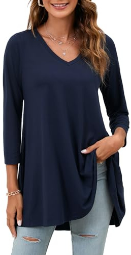 Enmain Women's Tunic Tops Long Sleeve Ladies Plus Size Tops 3/4 Sleeves V Neck Casual Baggy Blouses for Women Tunic to Wear with Leggings Navy Blue, XL