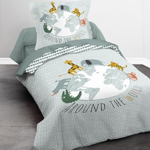 Kinderbettwäsche Set 2-teilig mit Tieren und Erdball - Decke 135x200 + Kissen 80x80 cm mit Reißverschluss - Bettwäsche für Jungen und Mädchen - 100% Baumwolle, Renforcé, Hautfreundlich, Oeko-Tex