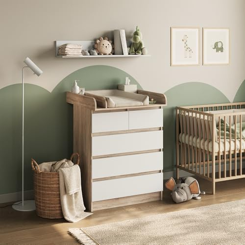 Vicco Fasciatoio Emma, Sonoma/Bianco, 80 x 110.2 cm con 5 cassetti, convertibile in una cassettiera tradizionale per un utilizzo versatile