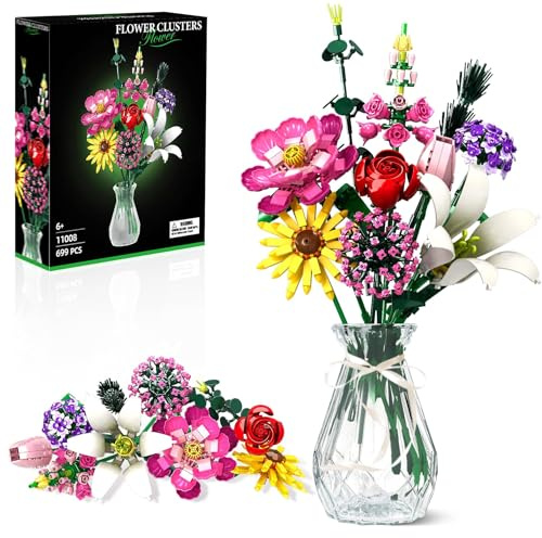 Byuert Set de Bouquet De Fleurs, 10 Botanicals Sauvages pour Adulte, Plantes Artificielles avec Rosen Tulpen Lilien, Anniversaire Cadeau pour Femmes Maman Elle Enfants, DIY Décoration Bureau/Maison